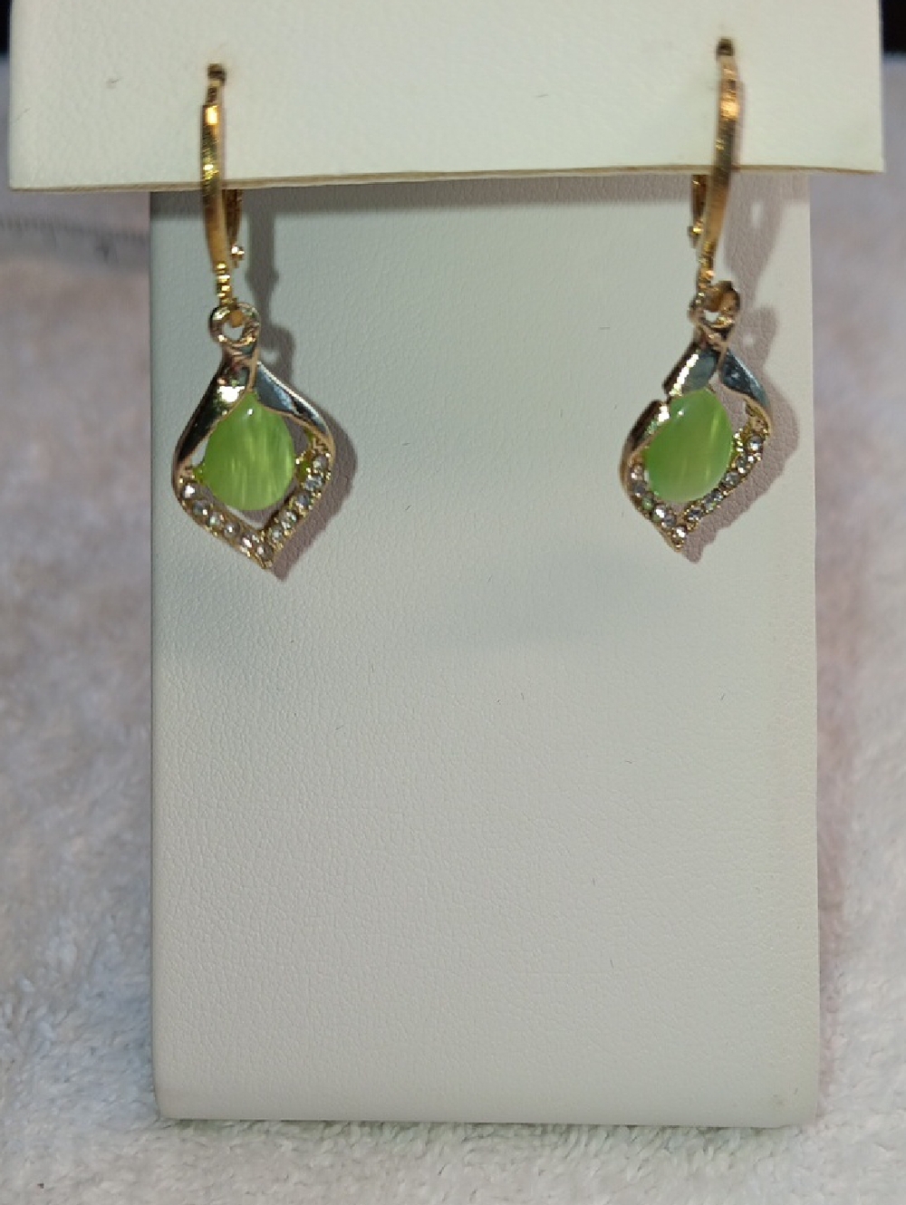 Gold Drop Earrings with Light Green Stone and Crystals